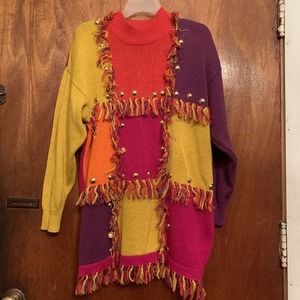 Vintage 90s Y2K Spree International Knit Fringe Multi Color Sweater Small Yellow